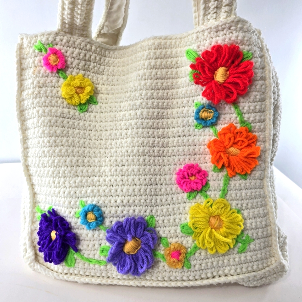 Handmade Crocheted Floral Tote Rainbow Multicolored Lined Yarn Knit Upcycle DIY